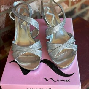 Nina Shimmering Silver Strappy Heels